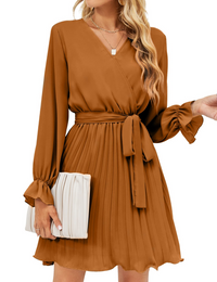 Womens Wrap V Neck Dress for Wedding Guest Casual Pleated Long Sleeve Dress