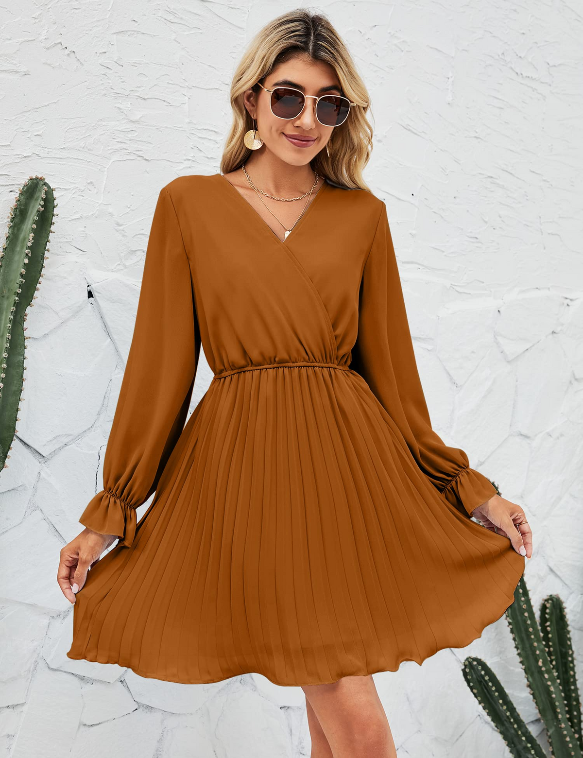 Womens Wrap V Neck Dress for Wedding Guest Casual Pleated Long Sleeve Dress