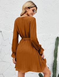 Womens Wrap V Neck Dress for Wedding Guest Casual Pleated Long Sleeve Dress