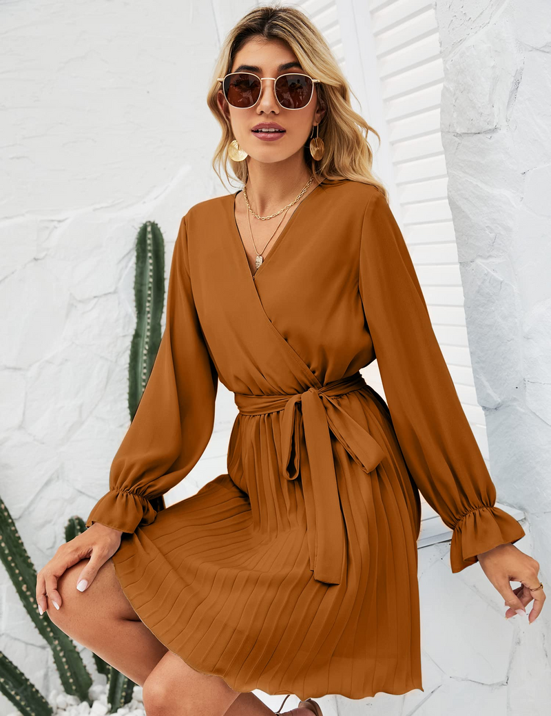 Womens Wrap V Neck Dress for Wedding Guest Casual Pleated Long Sleeve Dress