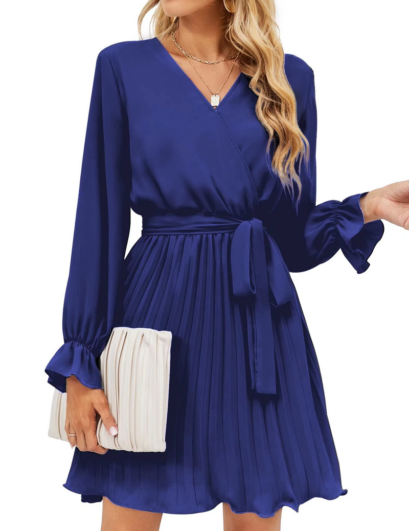 Womens Wrap V Neck Dress for Wedding Guest Casual Pleated Long Sleeve Dress