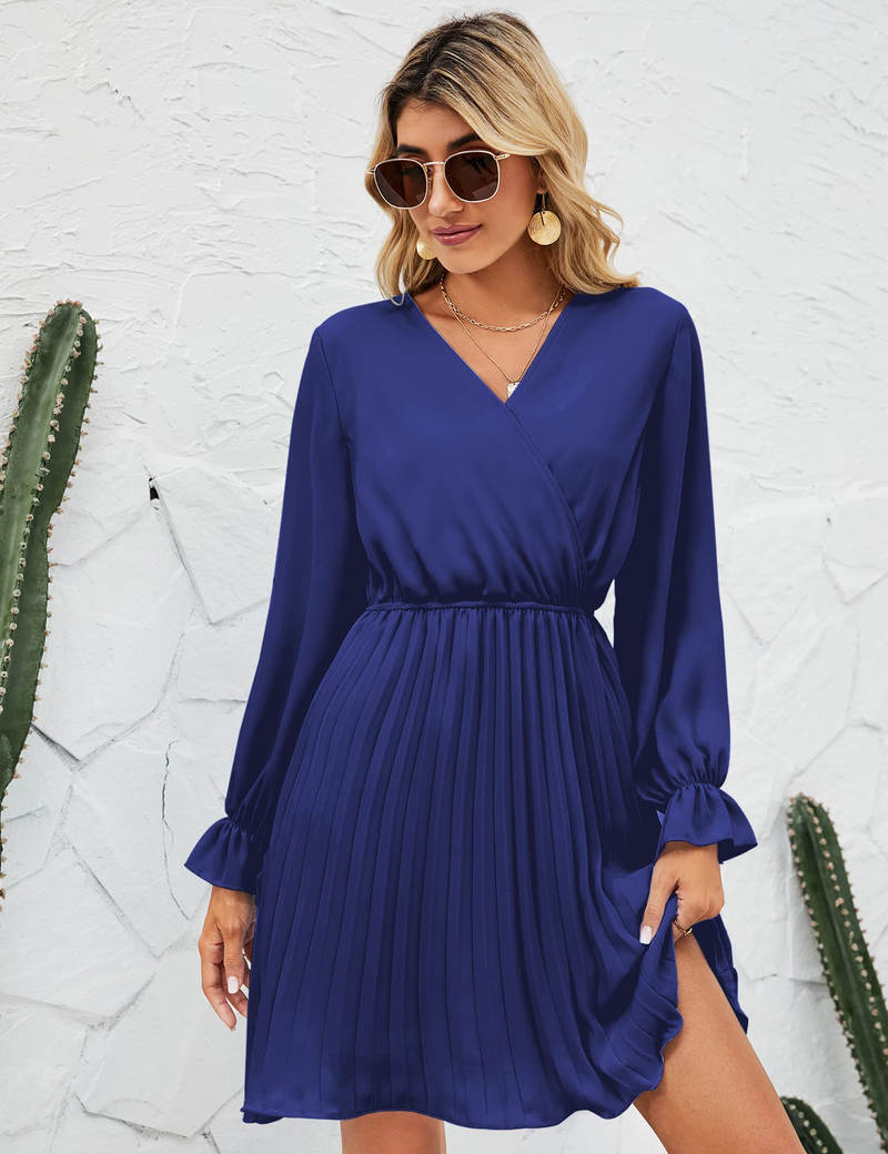 Womens Wrap V Neck Dress for Wedding Guest Casual Pleated Long Sleeve Dress