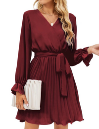 Womens Wrap V Neck Dress for Wedding Guest Casual Pleated Long Sleeve Dress