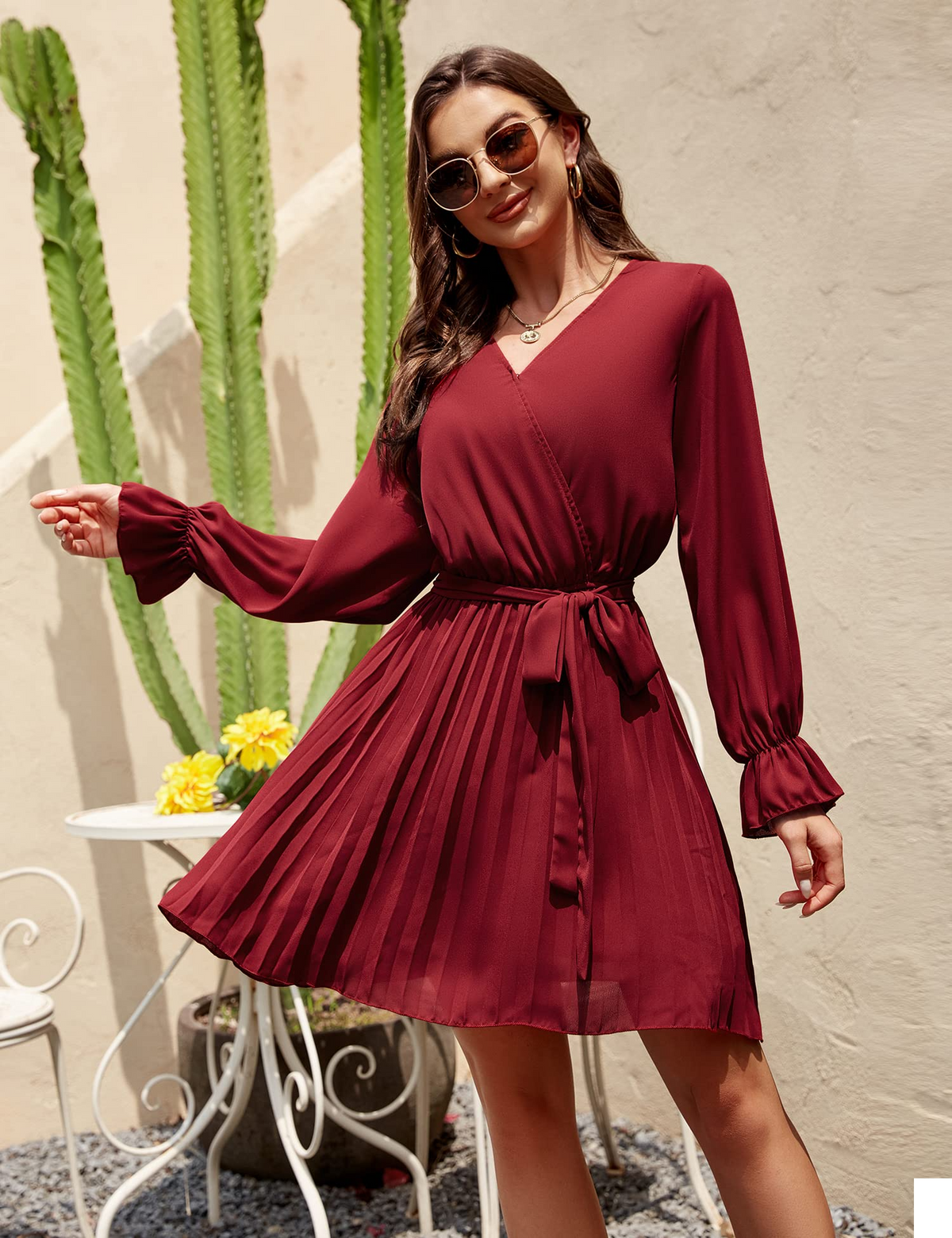 Womens Wrap V Neck Dress for Wedding Guest Casual Pleated Long Sleeve Dress