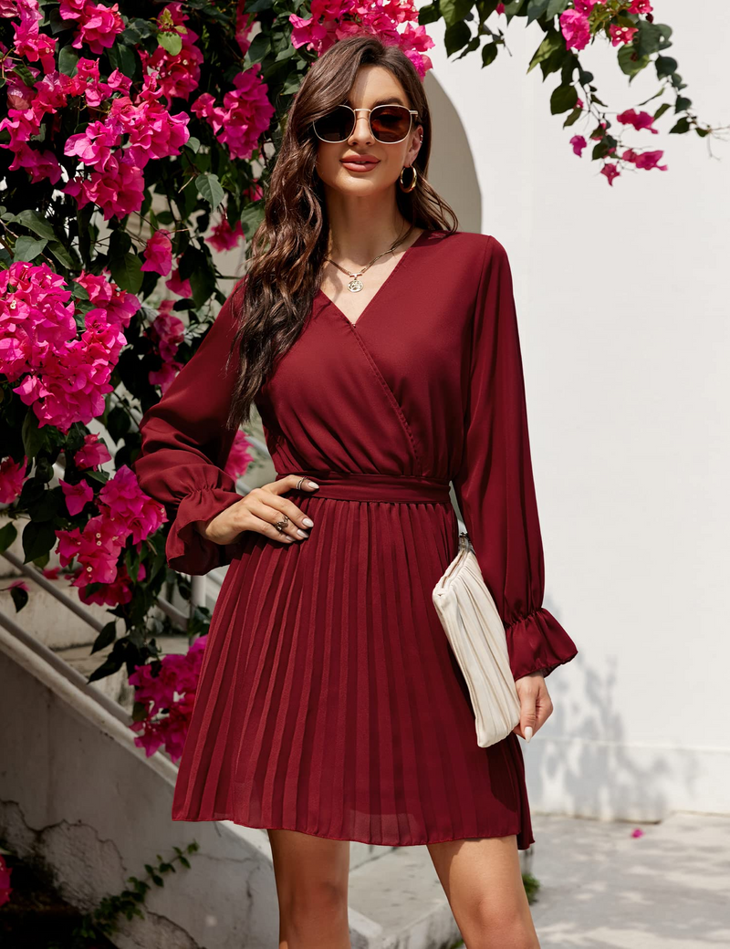 Womens Wrap V Neck Dress for Wedding Guest Casual Pleated Long Sleeve Dress