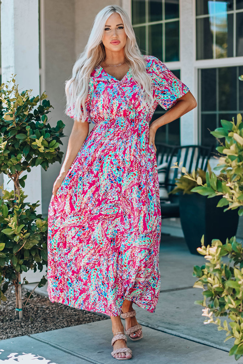 Udressshop Wrap V Neck Floral Maxi Dress