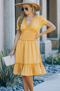 Udressshop Yellow Frilled Shirred High Waist V Neck Midi Dress