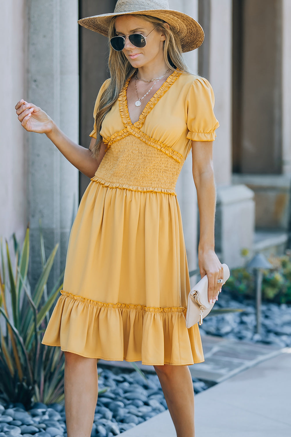 Udressshop Yellow Frilled Shirred High Waist V Neck Midi Dress