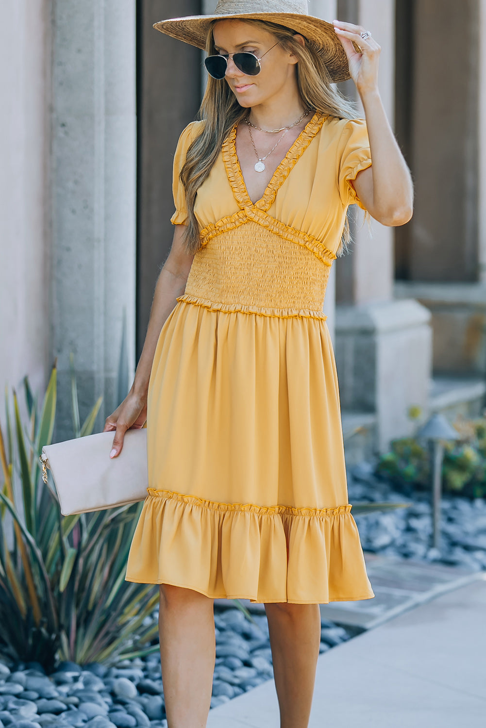 Udressshop Yellow Frilled Shirred High Waist V Neck Midi Dress