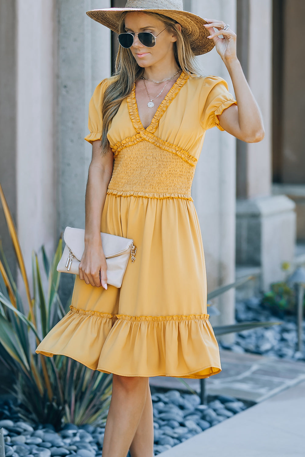 Udressshop Yellow Frilled Shirred High Waist V Neck Midi Dress