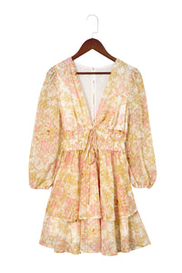 Udressshop Yellow V Neck Long Sleeve Tiered Floral Dress