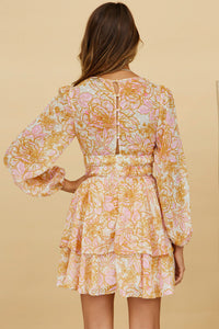 Udressshop Yellow V Neck Long Sleeve Tiered Floral Dress