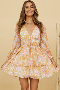 Udressshop Yellow V Neck Long Sleeve Tiered Floral Dress