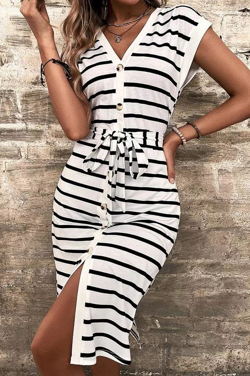 Women's Striped Button Slit Tie V-Neck Short Sleeve Midi Dress with Waist Tie