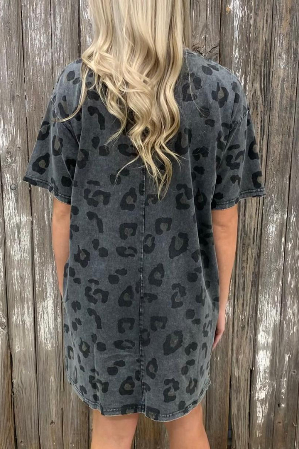 Udressshop Women's Vintage Washed Leopard T-Shirt Dress with Pockets