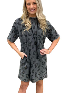 Udressshop Women's Vintage Washed Leopard T-Shirt Dress with Pockets