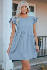 Udressshop Women's Flutter Sleeve Ruched Denim Casual Dress