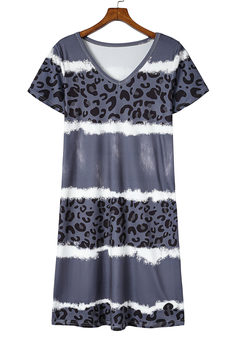 Udressshop Women's Leopard Color Block V-Neck T-shirt Dress