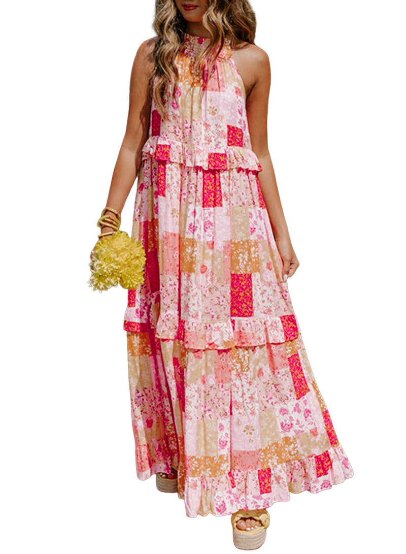 Udressshop Women's Boho Geometric Floral Print Sleeveless Maxi Dress