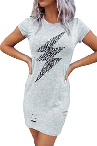 Women's Round neck Distressed Leopard Lightening Graphic Casual T-shirt Mid Dress