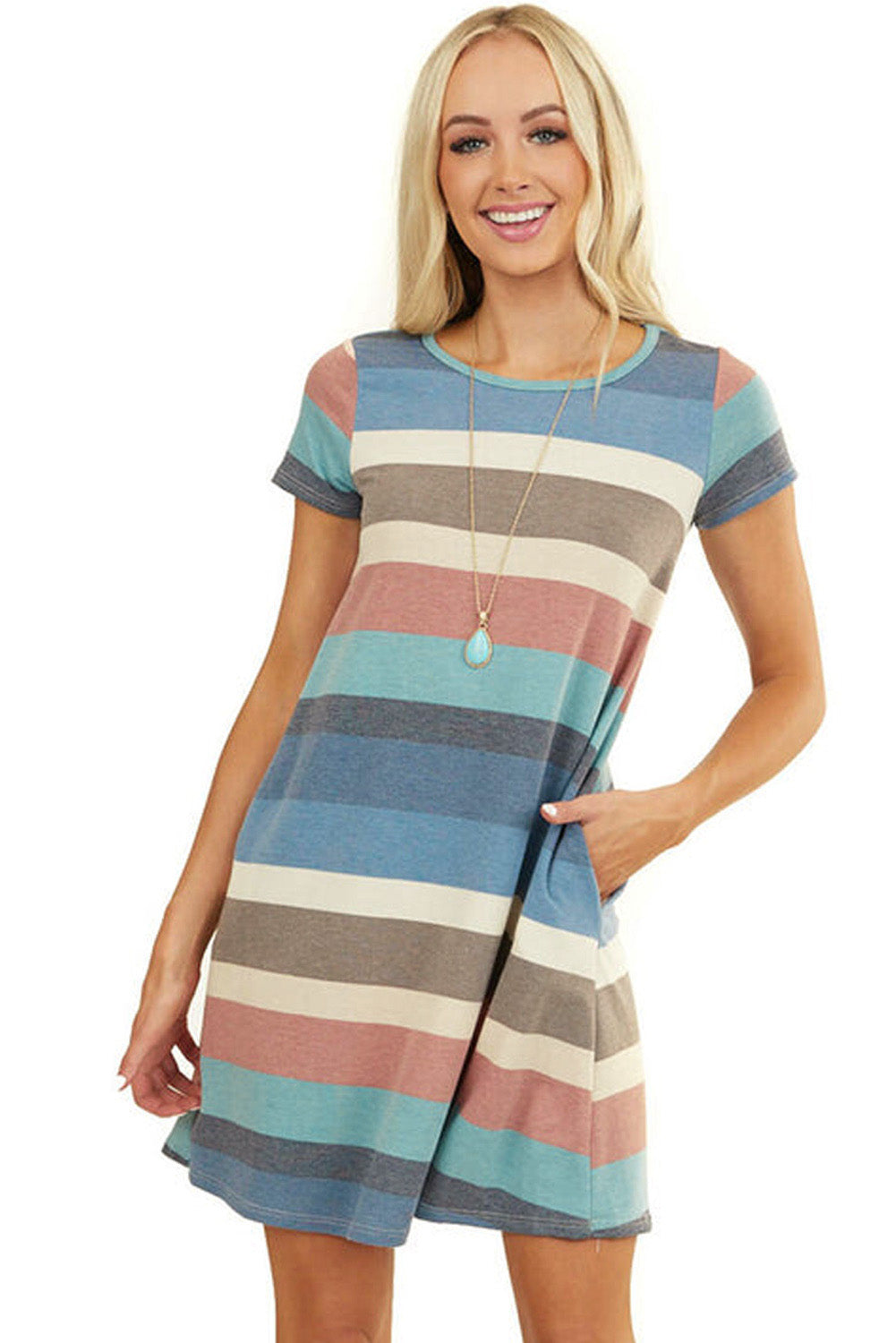 Udressshop Women's Multicolor Striped Pocket T Shirt Dress