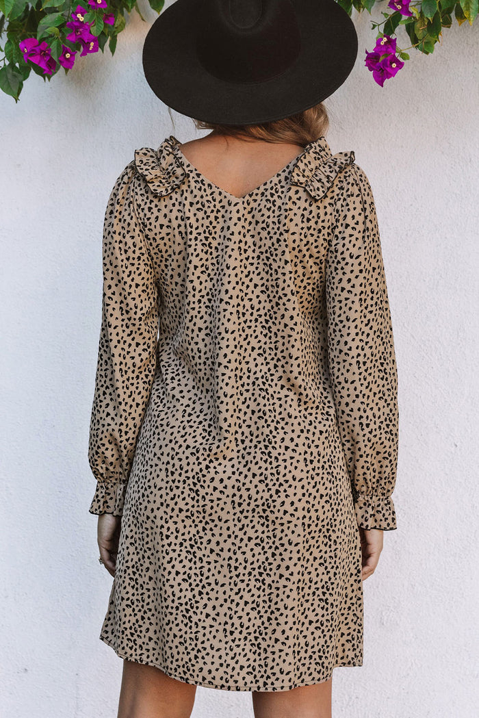 Women's Leopard Frill Trim V Neck Dress with Sandals or Sneakers