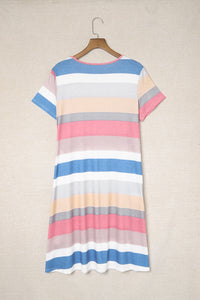 Udressshop Women's Multicolor Striped Pocket T Shirt Dress