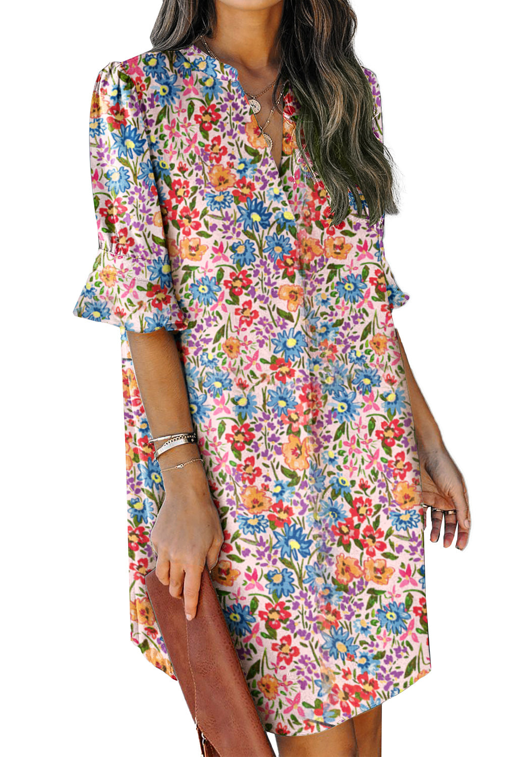 Women's Long Floral Print Short Sleeve Holiday Dress