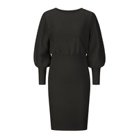 Women's Slanted Shoulder Knitting Bat Long Sleeve Midi Dress Fall and Winter Slim Fit and Thin