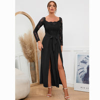 Women's Sexy Lace Long Sleeve Off Shoulder Swing Jumpsuit Midi Dress With Belt