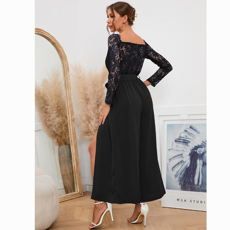 Women's Sexy Lace Long Sleeve Off Shoulder Swing Jumpsuit Midi Dress With Belt