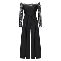 Women's Sexy Lace Long Sleeve Off Shoulder Swing Jumpsuit Midi Dress With Belt