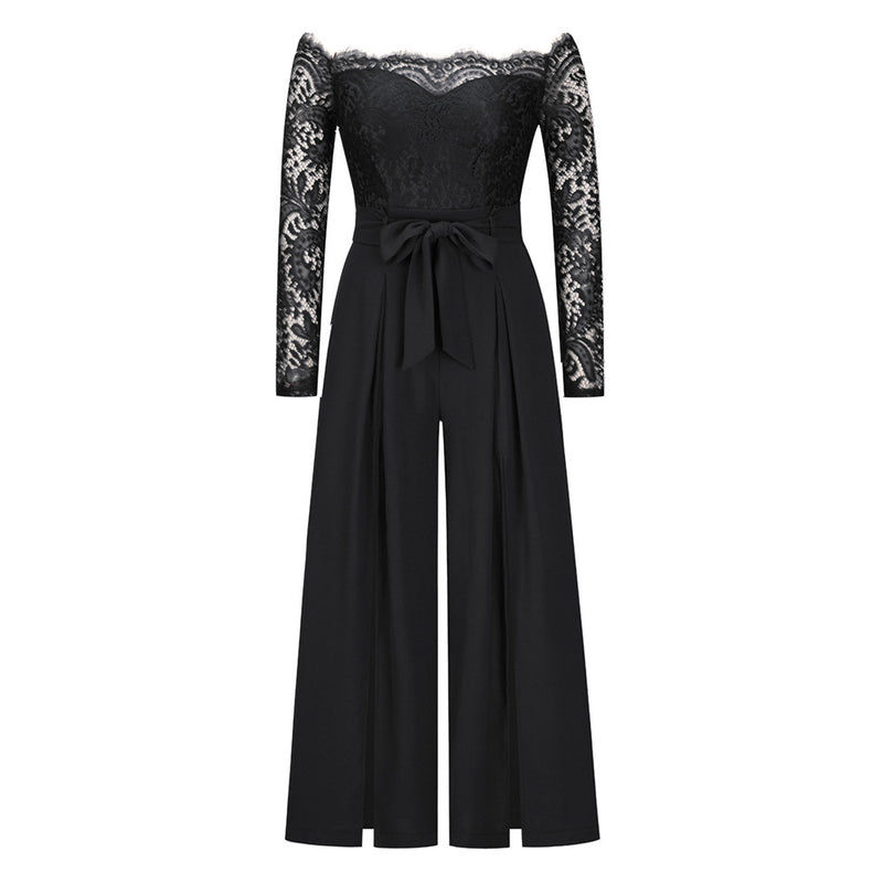 Women's Sexy Lace Long Sleeve Off Shoulder Swing Jumpsuit Midi Dress With Belt