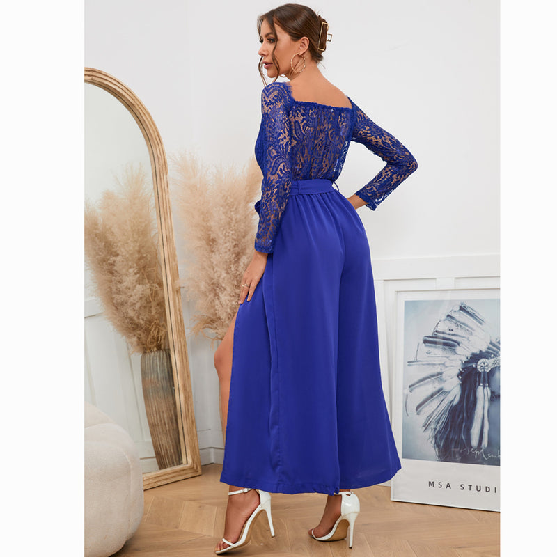 Women's Sexy Lace Long Sleeve Off Shoulder Swing Jumpsuit Midi Dress With Belt