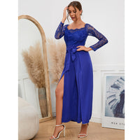 Women's Sexy Lace Long Sleeve Off Shoulder Swing Jumpsuit Midi Dress With Belt