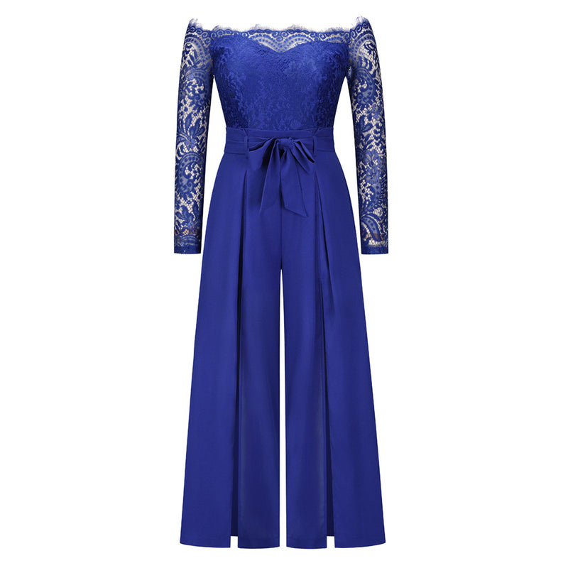 Women's Sexy Lace Long Sleeve Off Shoulder Swing Jumpsuit Midi Dress With Belt