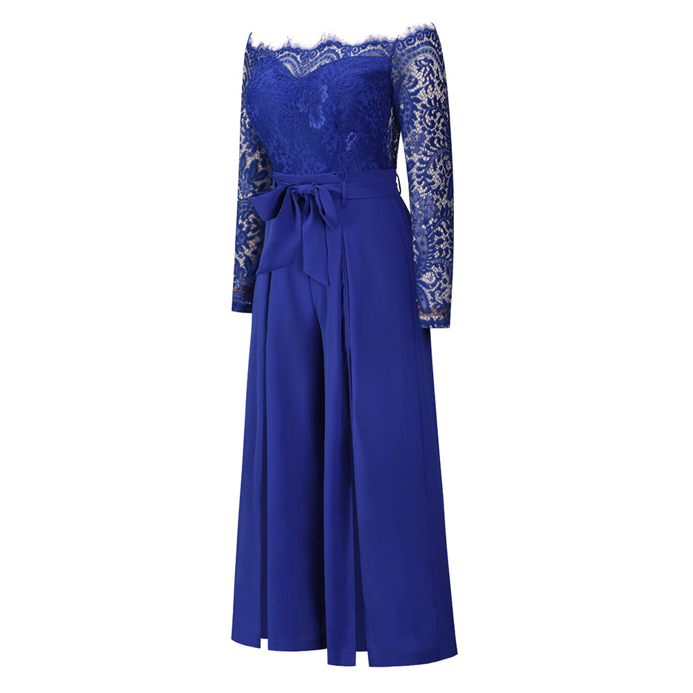 Women's Sexy Lace Long Sleeve Off Shoulder Swing Jumpsuit Midi Dress With Belt