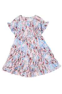 Udressshop Women's Short Sleeves Floral Print Tiered Ruffled Dress