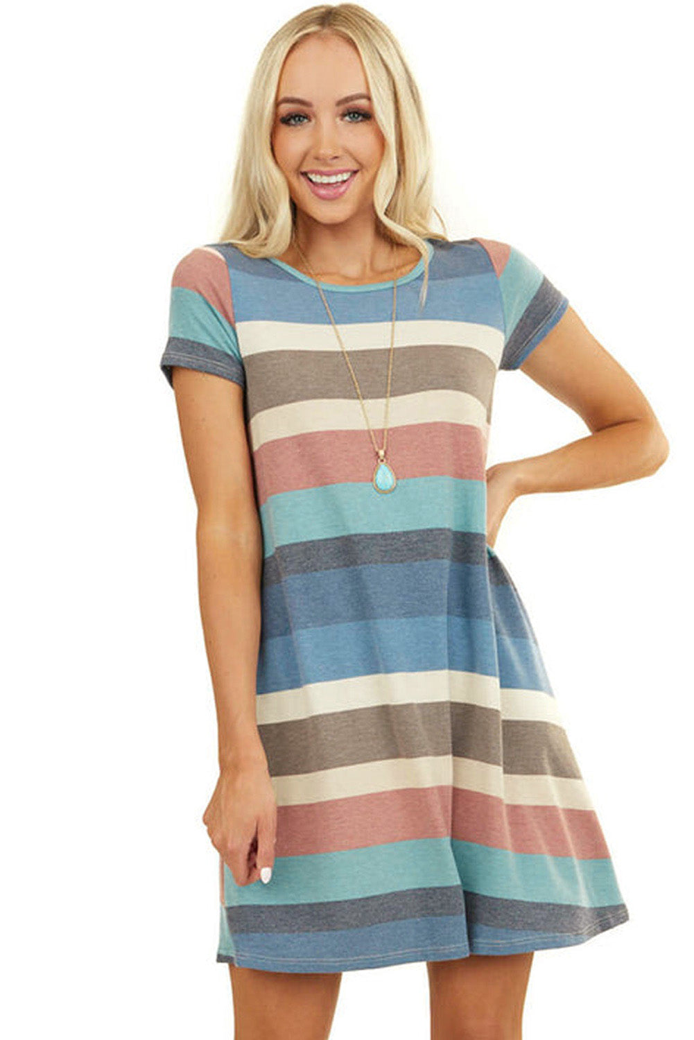 Udressshop Women's Multicolor Striped Pocket T Shirt Dress