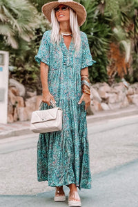 Udressshop Women's Paisley Print Boho Holiday Ruffle Tiered Maxi Dress