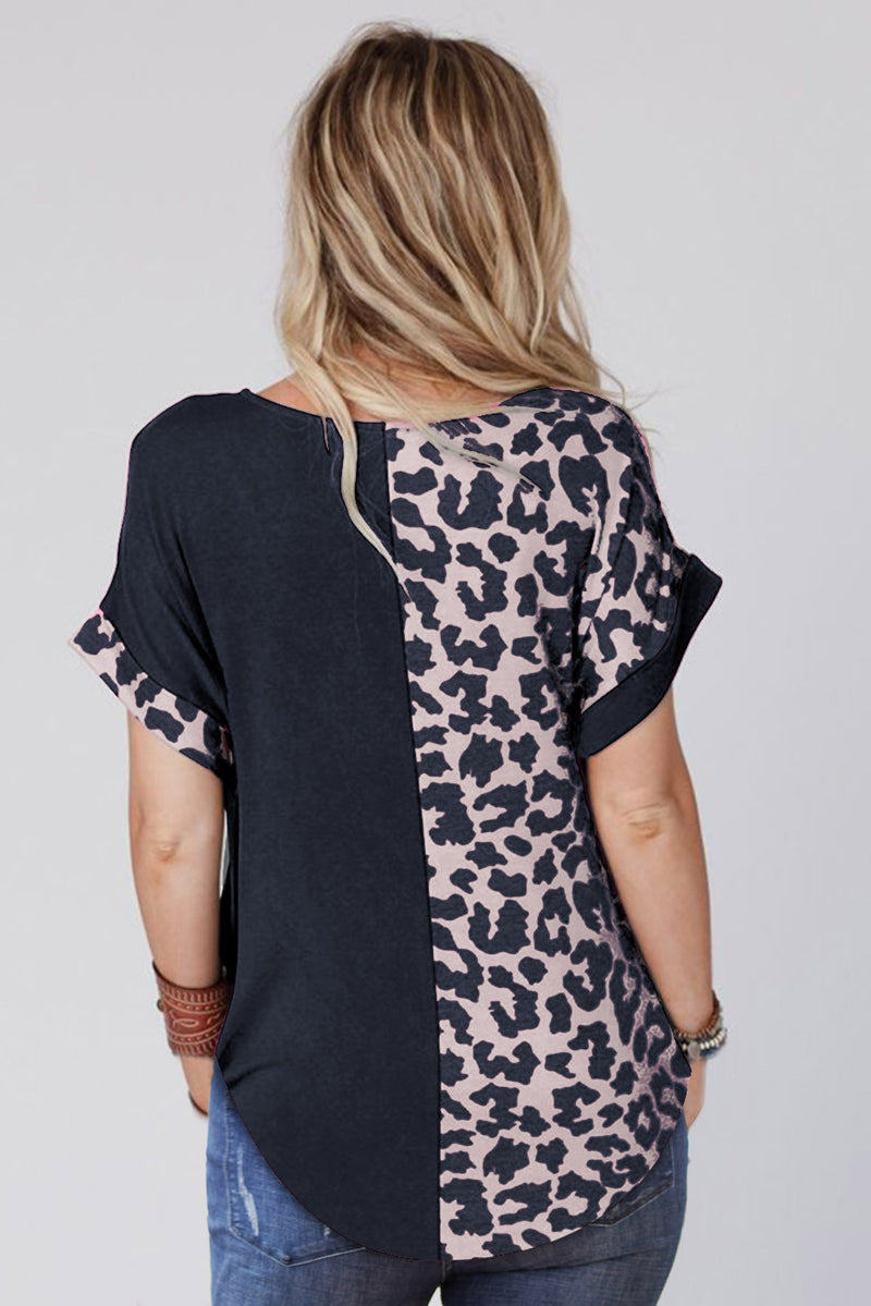 Udressshop Women's Contrast Solid Leopard Short Sleeve T-shirt Dress with Slits