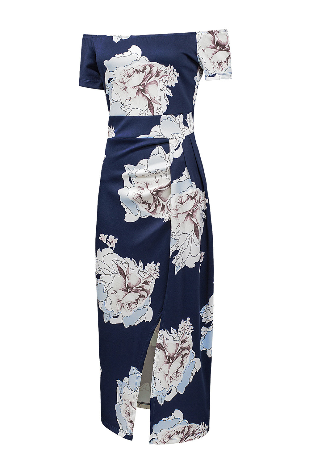 Udressshop Women's Dark Blue Floral Print Off Shoulder Slit Bodycon Midi Dress