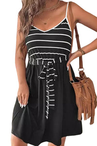 Udressshop Women's Spaghetti Straps Striped Cami Dress with Sash