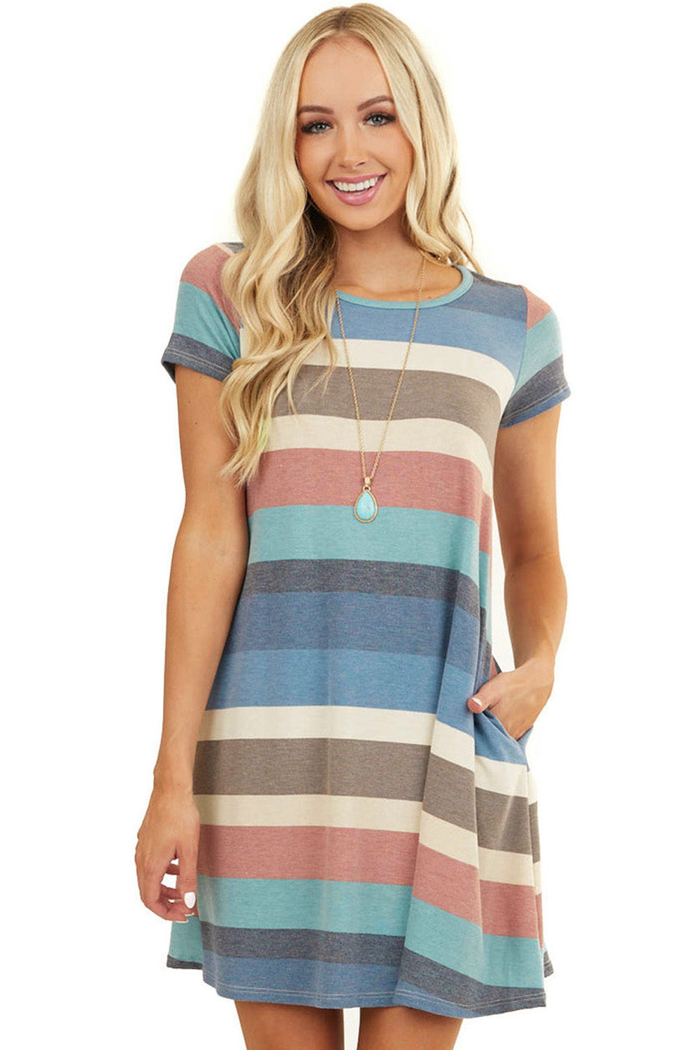 Udressshop Women's Multicolor Striped Pocket T Shirt Dress