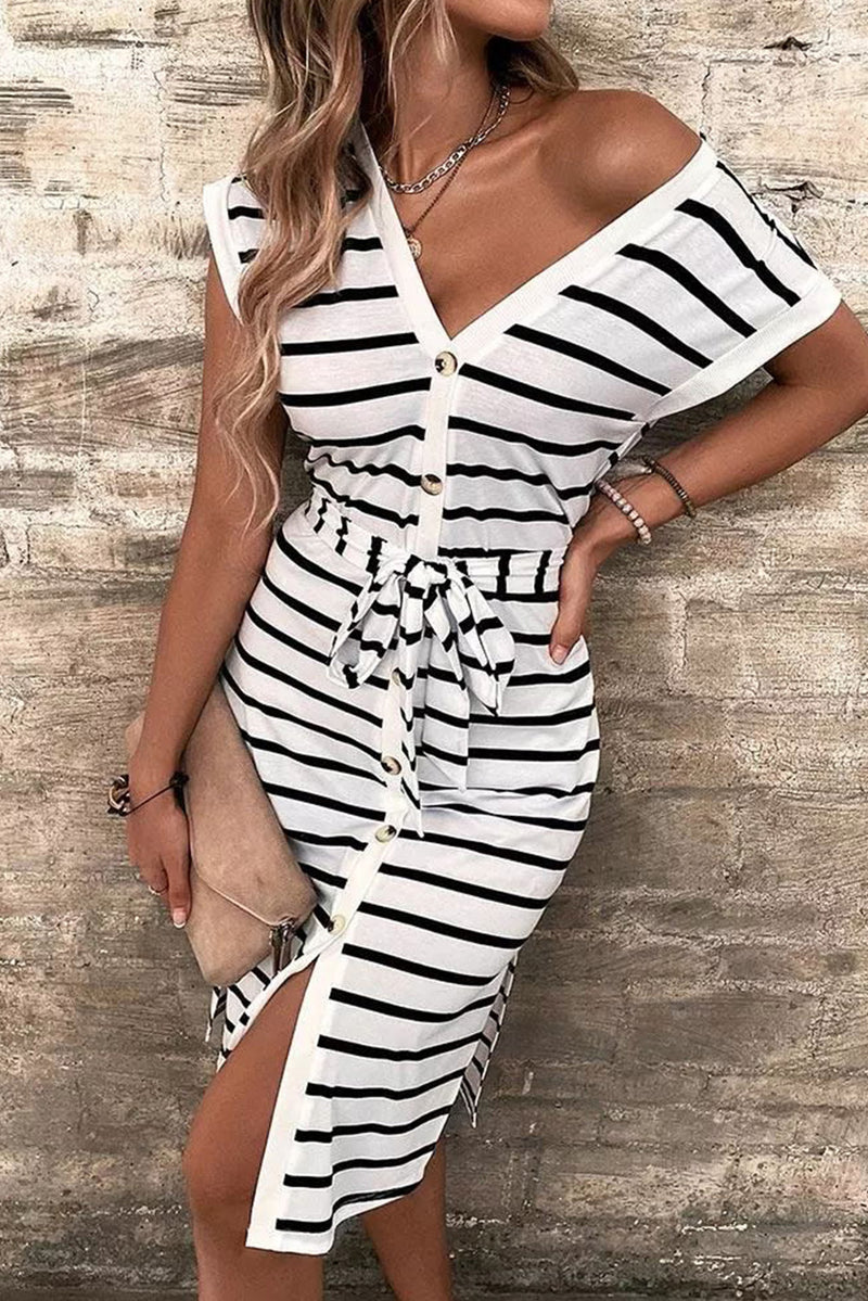 Women's Striped Button Slit Tie V-Neck Short Sleeve Midi Dress with Waist Tie