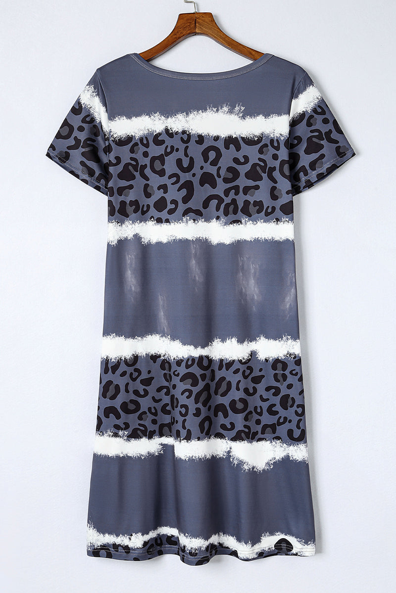 Udressshop Women's Leopard Color Block V-Neck T-shirt Dress