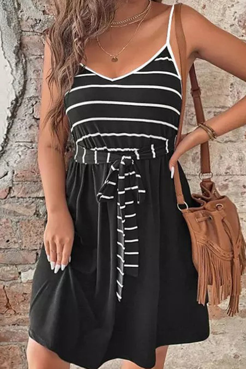 Udressshop Women's Spaghetti Straps Striped Cami Dress with Sash