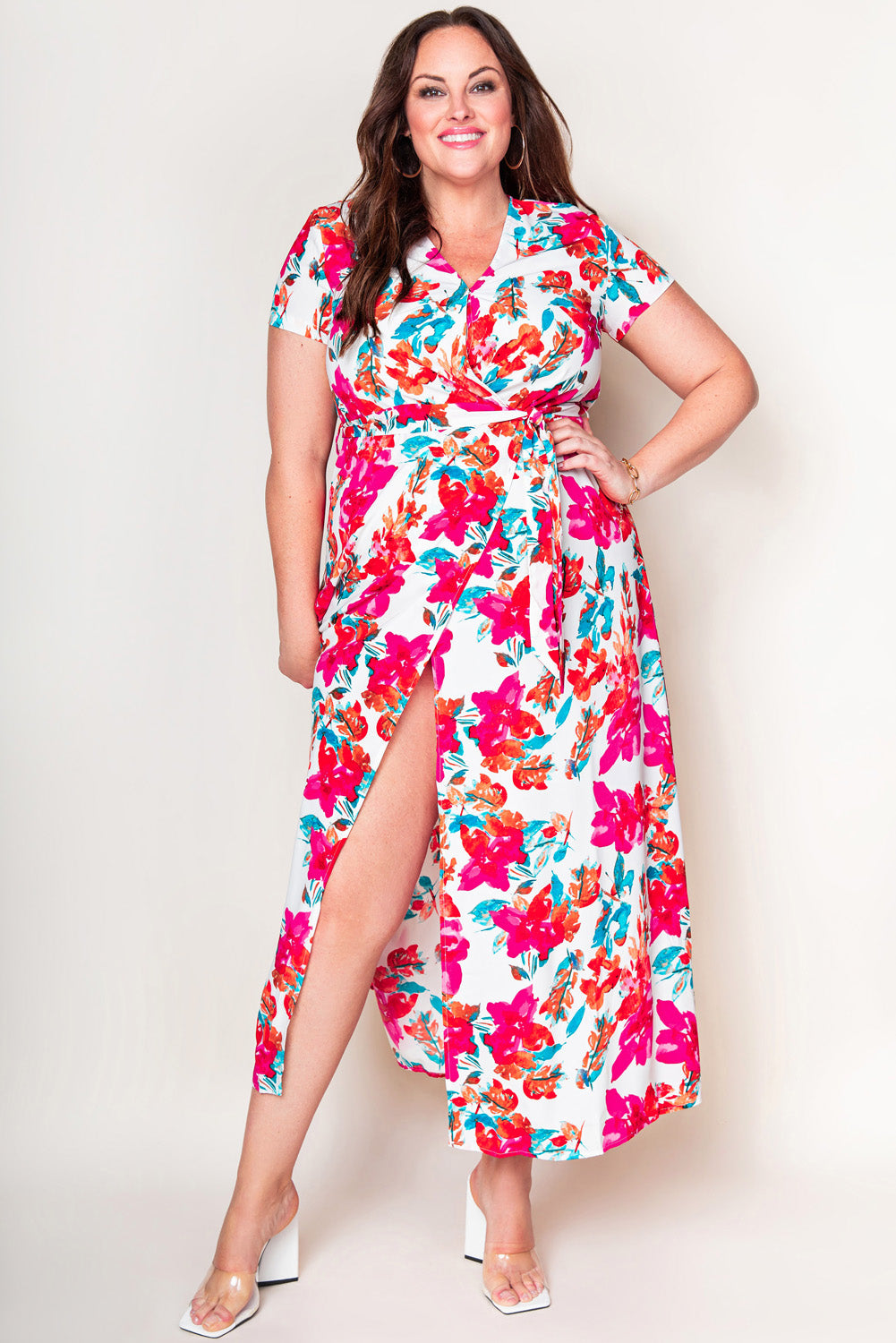 Women's Plus Size Floral Print Wrap Slit Dress