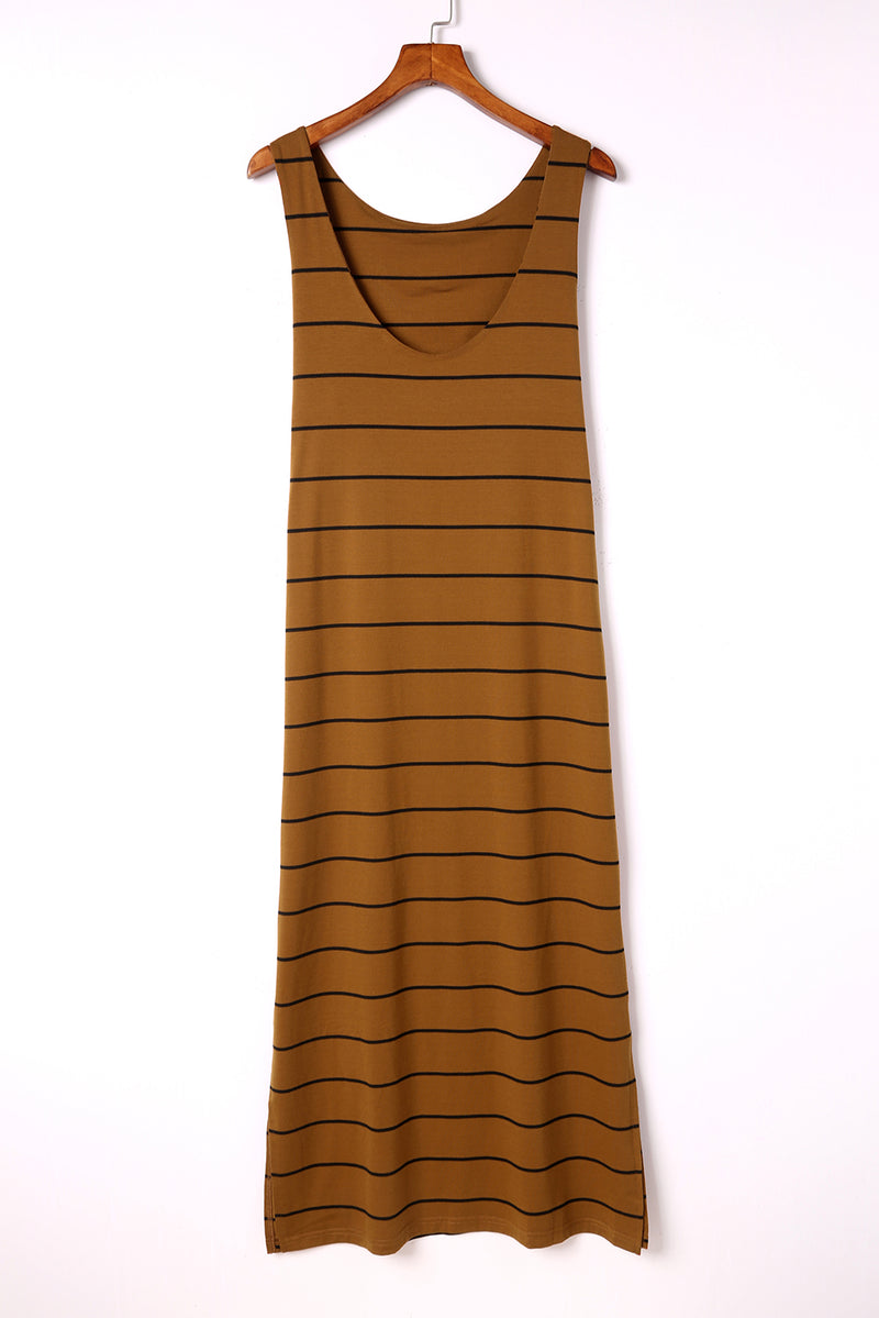 Women's Stripe Print Open Back Sleeveless Tank Maxi Dress with Slits