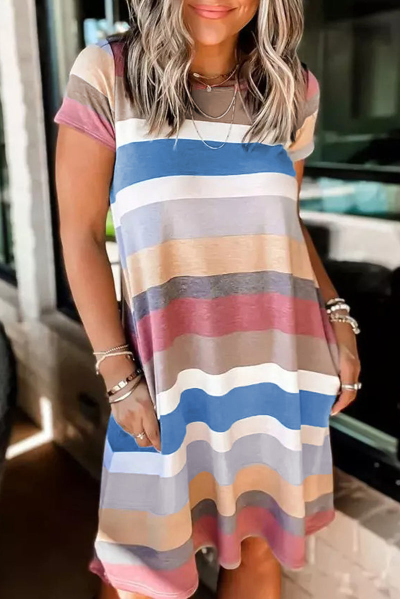 Udressshop Women's Multicolor Striped Pocket T Shirt Dress